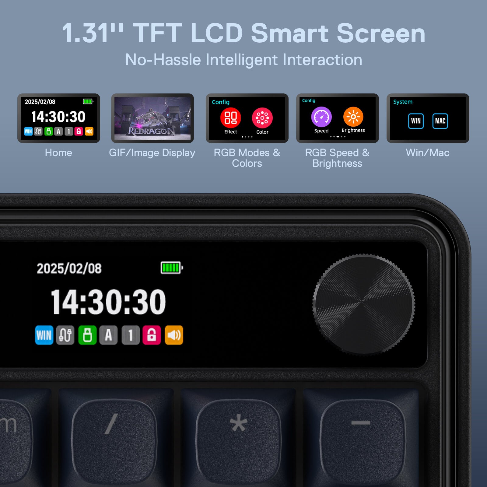 1.31" TFT LCD Smart Screen with various display options on a gray background