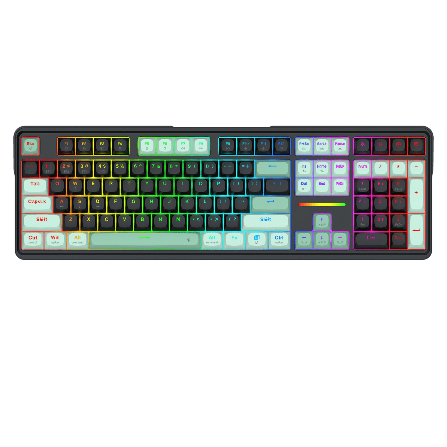 A full-sized mechanical keyboard with a dark gray frame and multicolor RGB backlighting, shown against a solid black background.