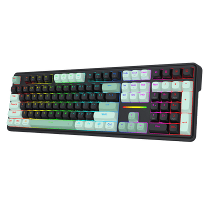 A compact mechanical keyboard with a black frame and colorful RGB backlighting, featuring white and light blue keycaps, set against a solid black background. | show