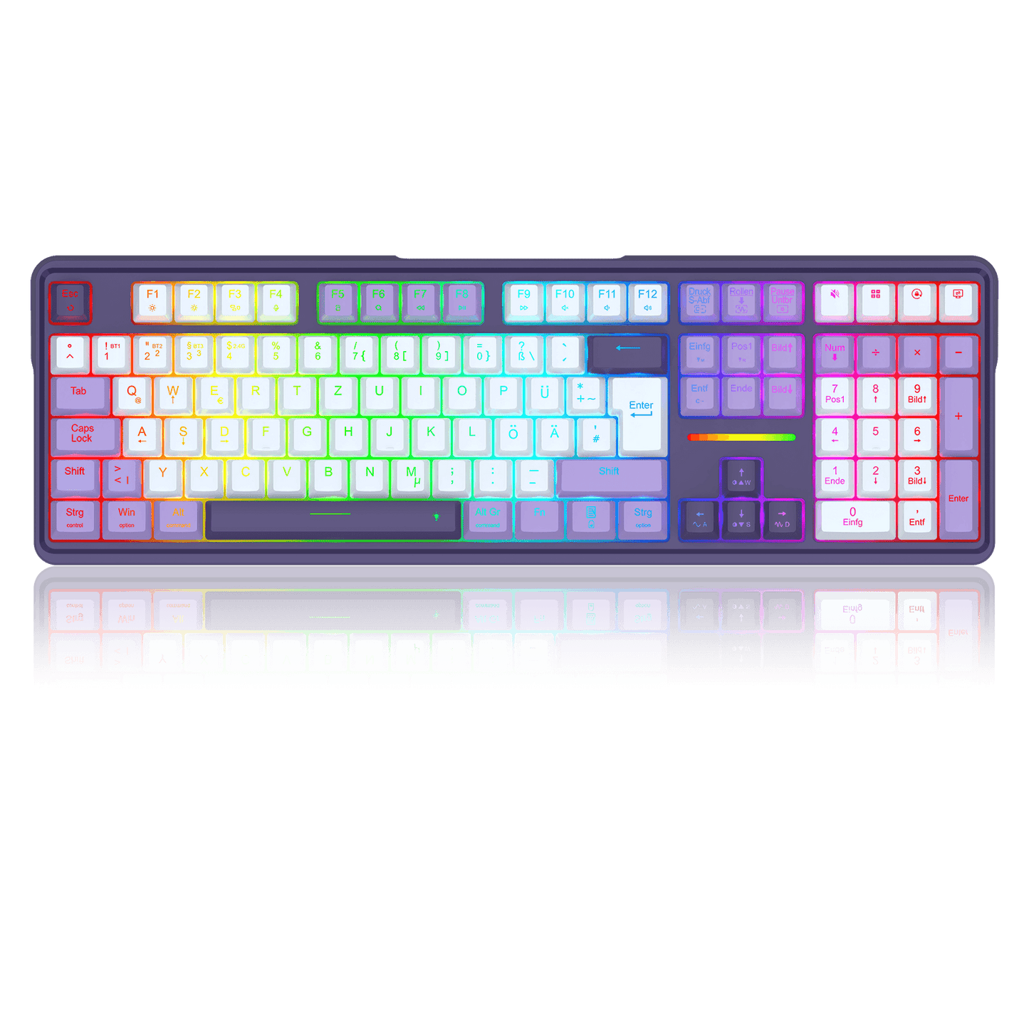 A full-sized mechanical keyboard shown from above on a black background, with RGB backlighting transitioning through a rainbow spectrum of colors across the keys.