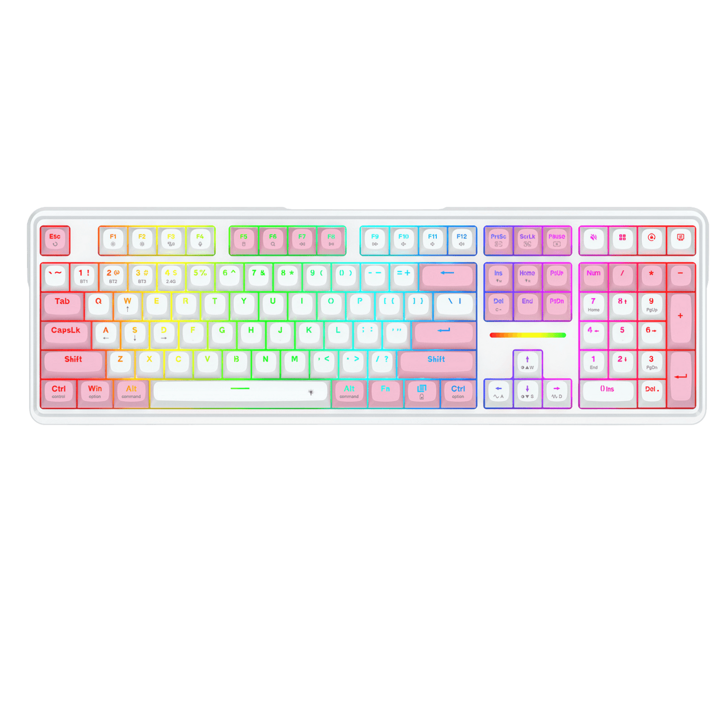 A full-sized mechanical keyboard with a white frame and a pastel rainbow gradient backlighting on a solid black background.