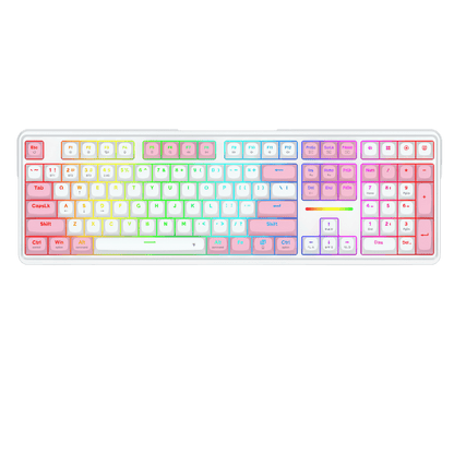 A full-sized mechanical keyboard with a white frame and a pastel rainbow gradient backlighting on a solid black background.