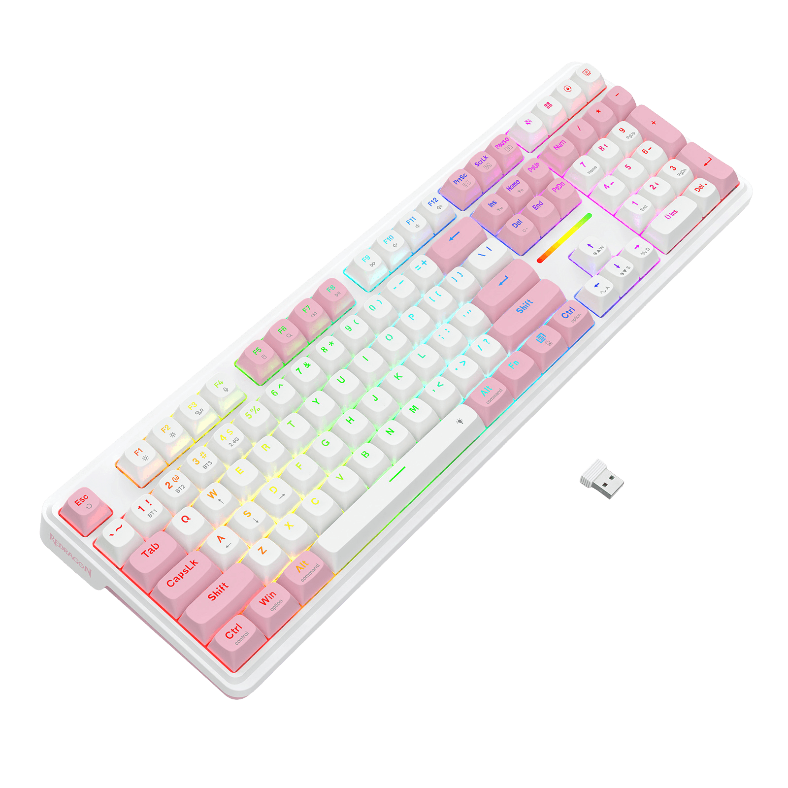 A compact mechanical keyboard with a white frame and pastel pink-to-white gradient keycaps, illuminated with multicolor RGB backlighting, shown on a black background with a small USB receiver.