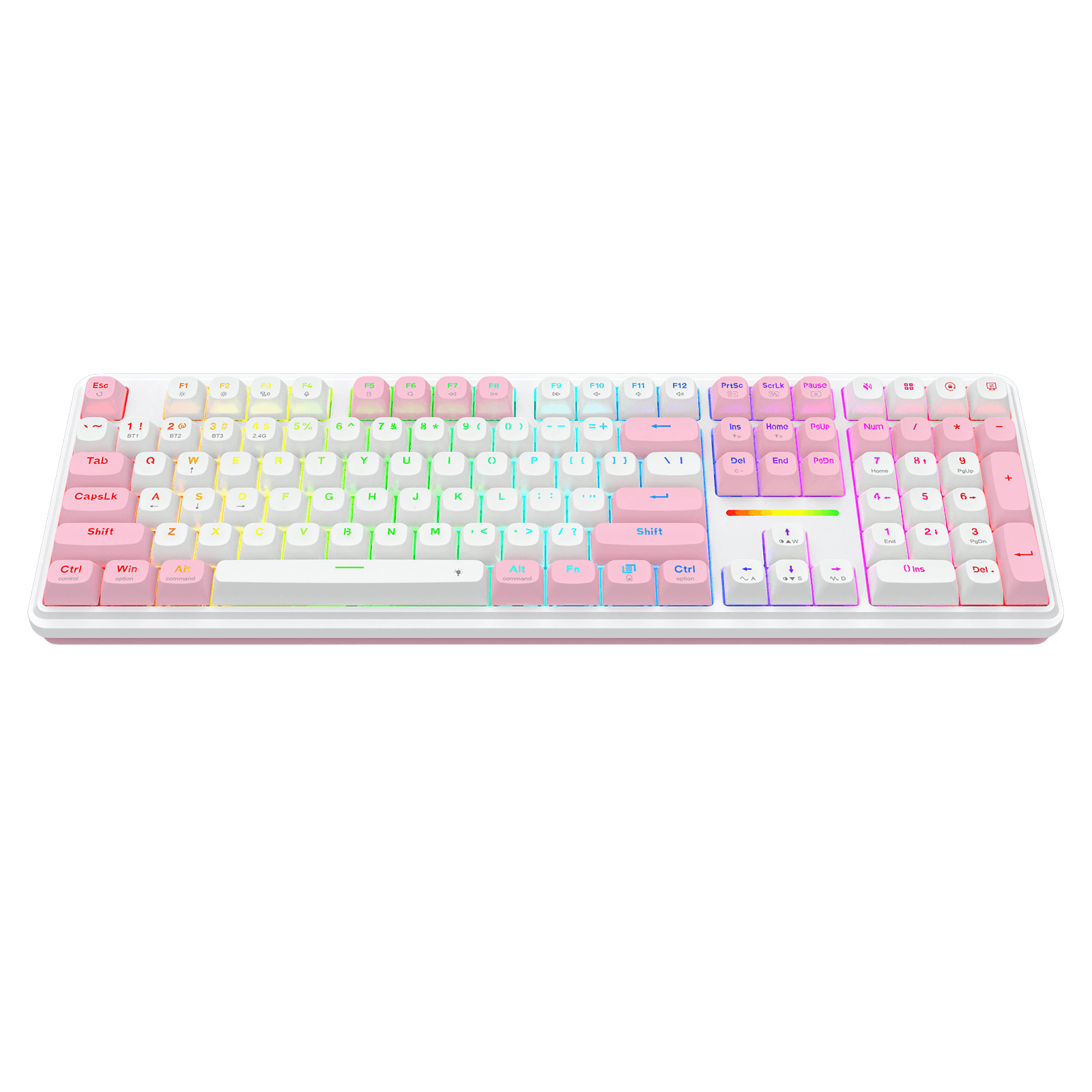 A compact mechanical keyboard with pastel rainbow keycaps and a white frame, shown against a solid black background.