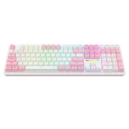 A compact mechanical keyboard with pastel rainbow keycaps and a white frame, shown against a solid black background.