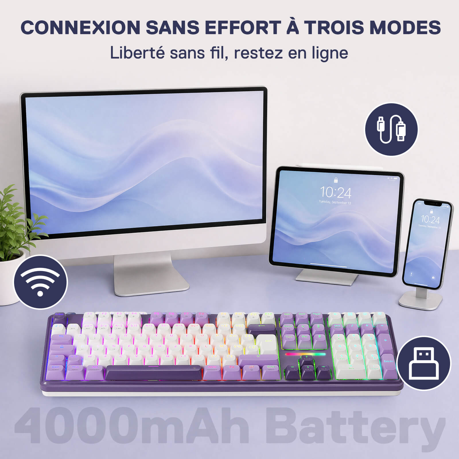 Clavier mécanique sans fil Redragon ANTONIUM K745 PRO à 108 touches, violet
