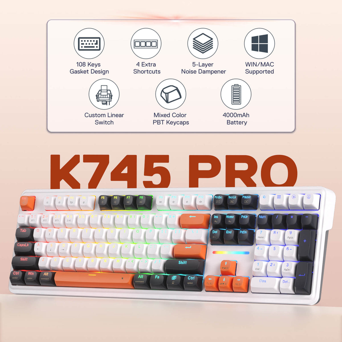 Redragon K745 Mechanical Gaming Keyboard – Win&Mac Switch, White & Orange, RGB backlighting, and a numeric keypad, shown below a feature infographic on a light peach background. Large text reads 'K745 PRO'.