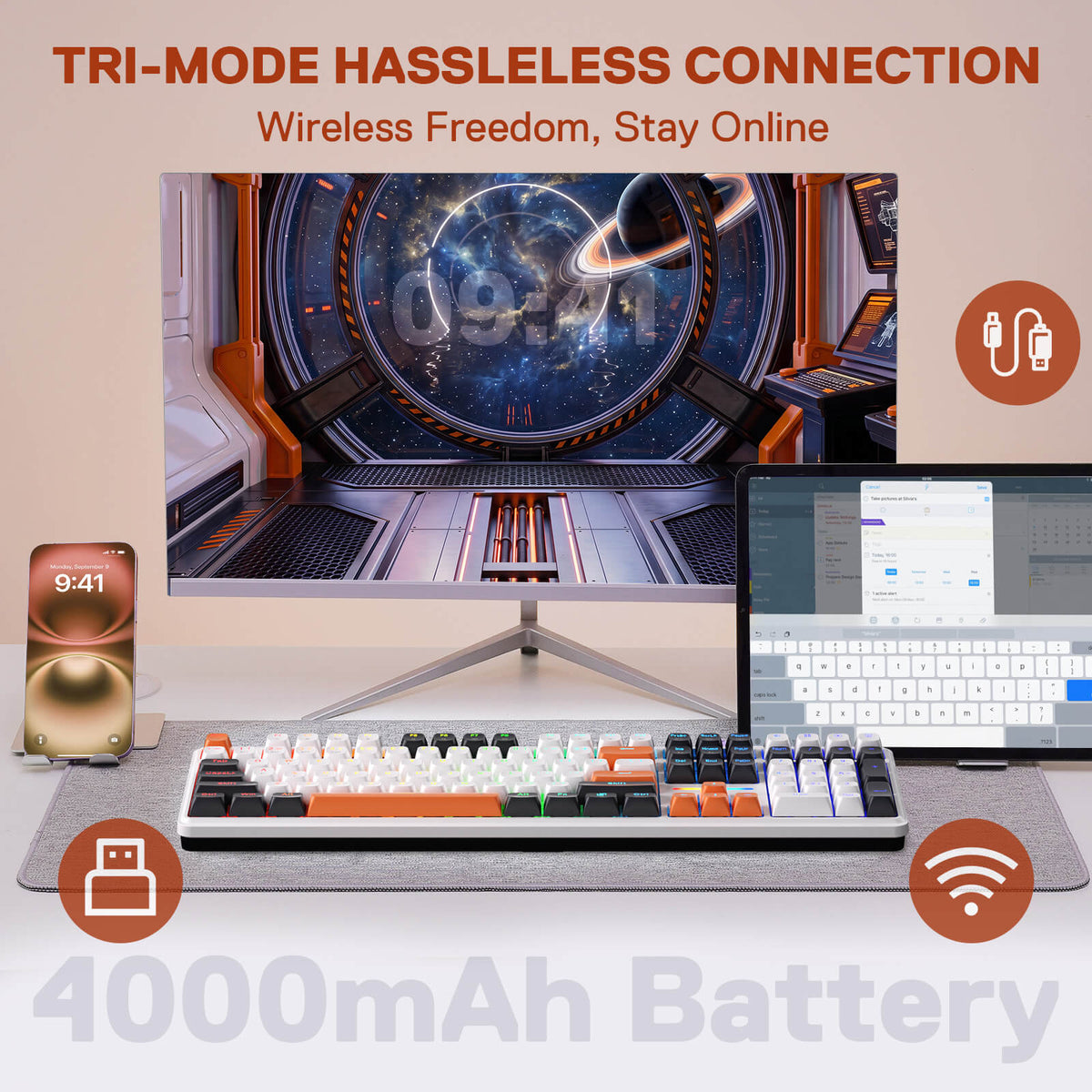 Redragon K745 Mechanical Gaming Keyboard – Win&Mac Switch, White & Orange 'TRI-MODE HASSLELESS CONNECTION' and '4000mAh Battery'.