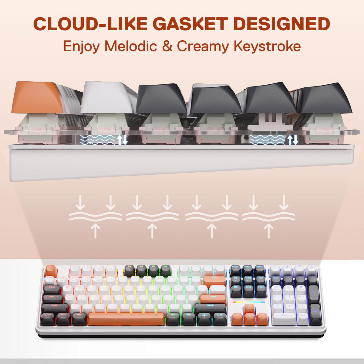 Redragon K745 Mechanical Gaming Keyboard – Win&Mac Switch, White & Orange, CLOUD-LIKE GASKET DESIGNED' and 'Enjoy Melodic & Creamy Keystroke' 