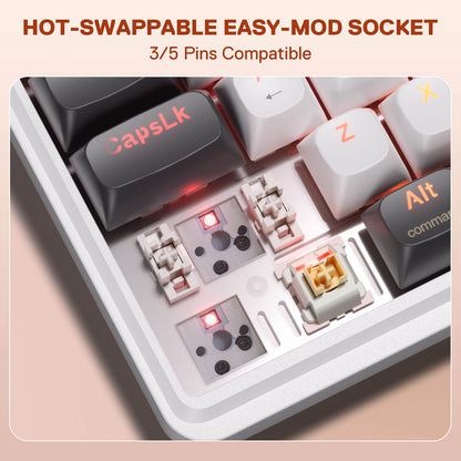 Redragon K745 Mechanical Gaming Keyboard – Win&Mac Switch, White & Orange, 'HOT-SWAPPABLE EASY-MOD SOCKET' and '3/5 Pins Compatible'. 