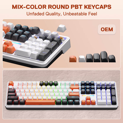 Redragon K745 Mechanical Gaming Keyboard – Win&Mac Switch, White & Orange,  'MIX-COLOR ROUND PBT KEYCAPS' and 'Unfaded Quality, Unbeatable Feel,' with an 'OEM' badge.