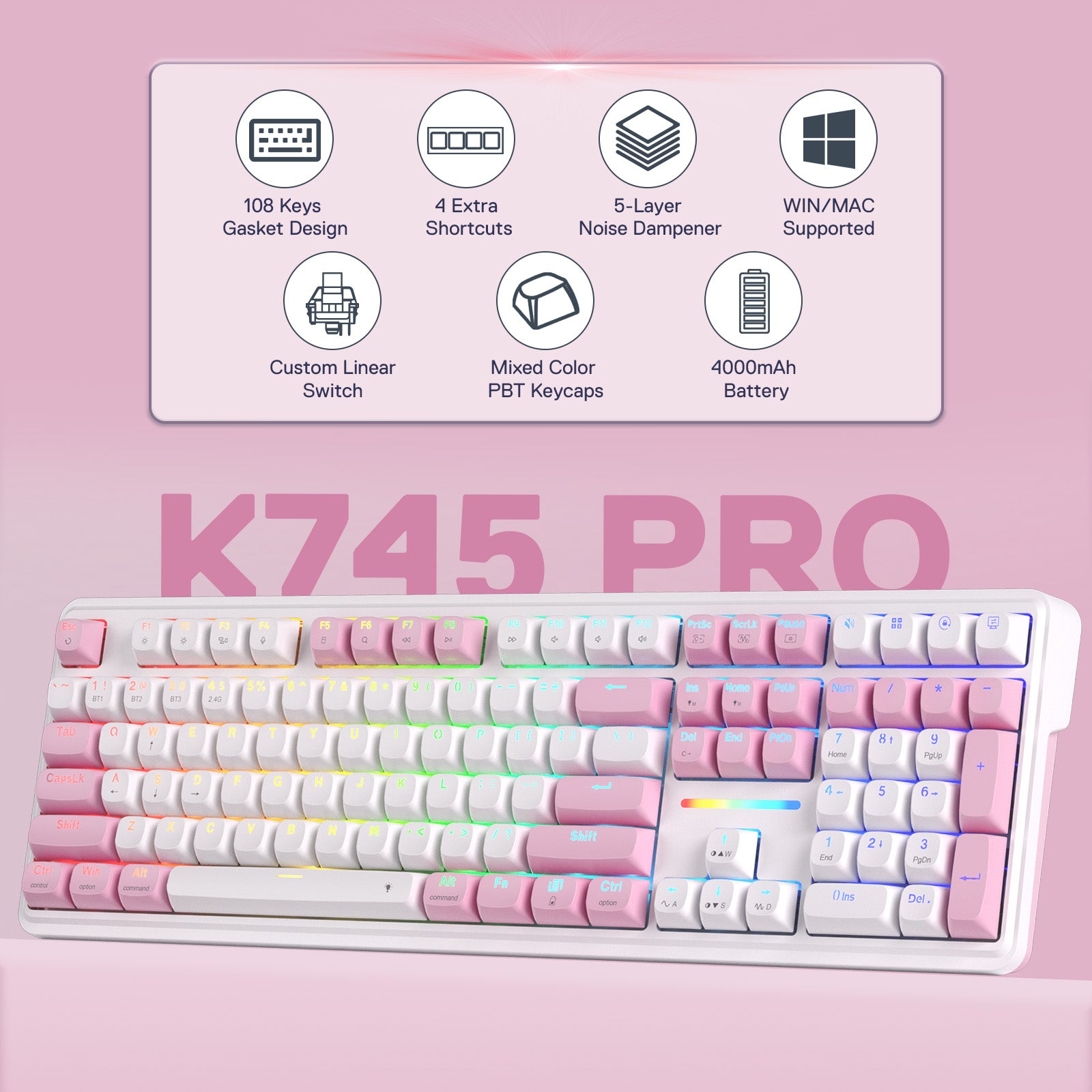 Redragon K745 PRO Wireless 108-Key Gasket RGB Gaming Keyboard, 4 Hotkeys
Extra Shortcut Keys, 0-Delay Tri-Mode, Cushioned Noise Dampening for Creamy Thocky Sound, Unfaded PBT Keycaps, PRO Software
