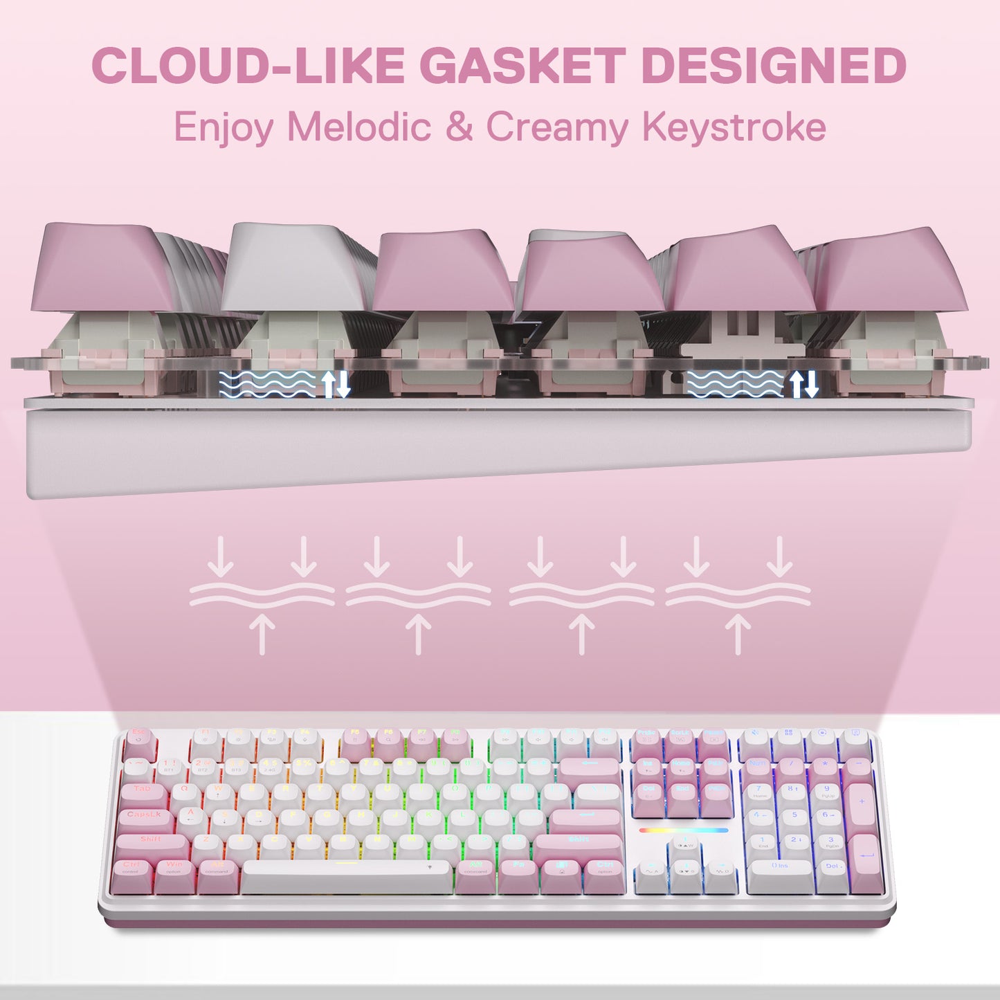 Redragon K745 PRO Wireless 108-Key Gasket RGB Gaming Keyboard, Pink Keyboard