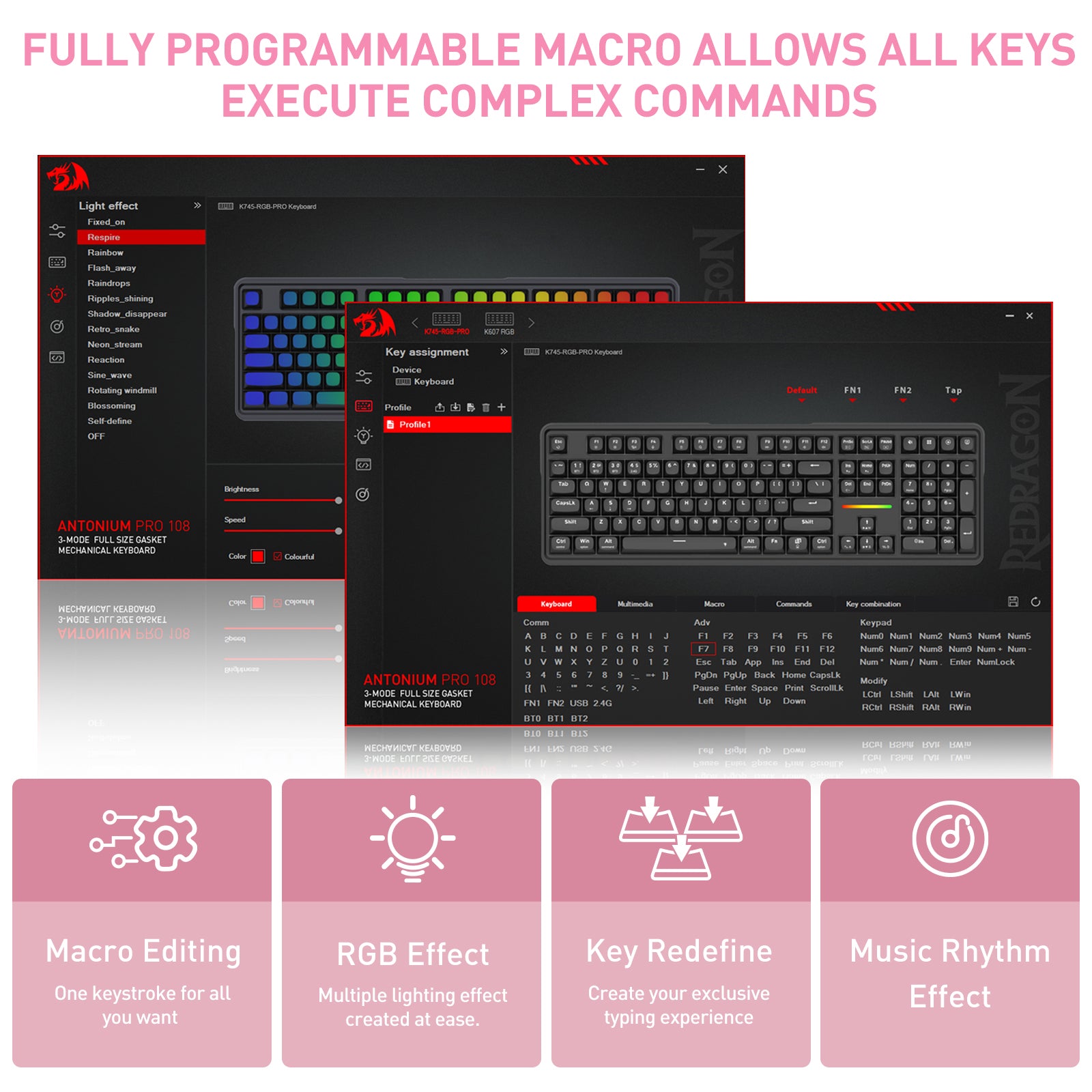 Promotional graphic for a programmable macro software or keyboard control interface, showing three overlapping dark UI panels with keyboard and RGB lighting previews, plus pink text reading 'FULLY PROGRAMMABLE MACRO ALLOWS ALL KEYS TO EXECUTE COMPLEX COMMANDS' and four pink feature icons below.