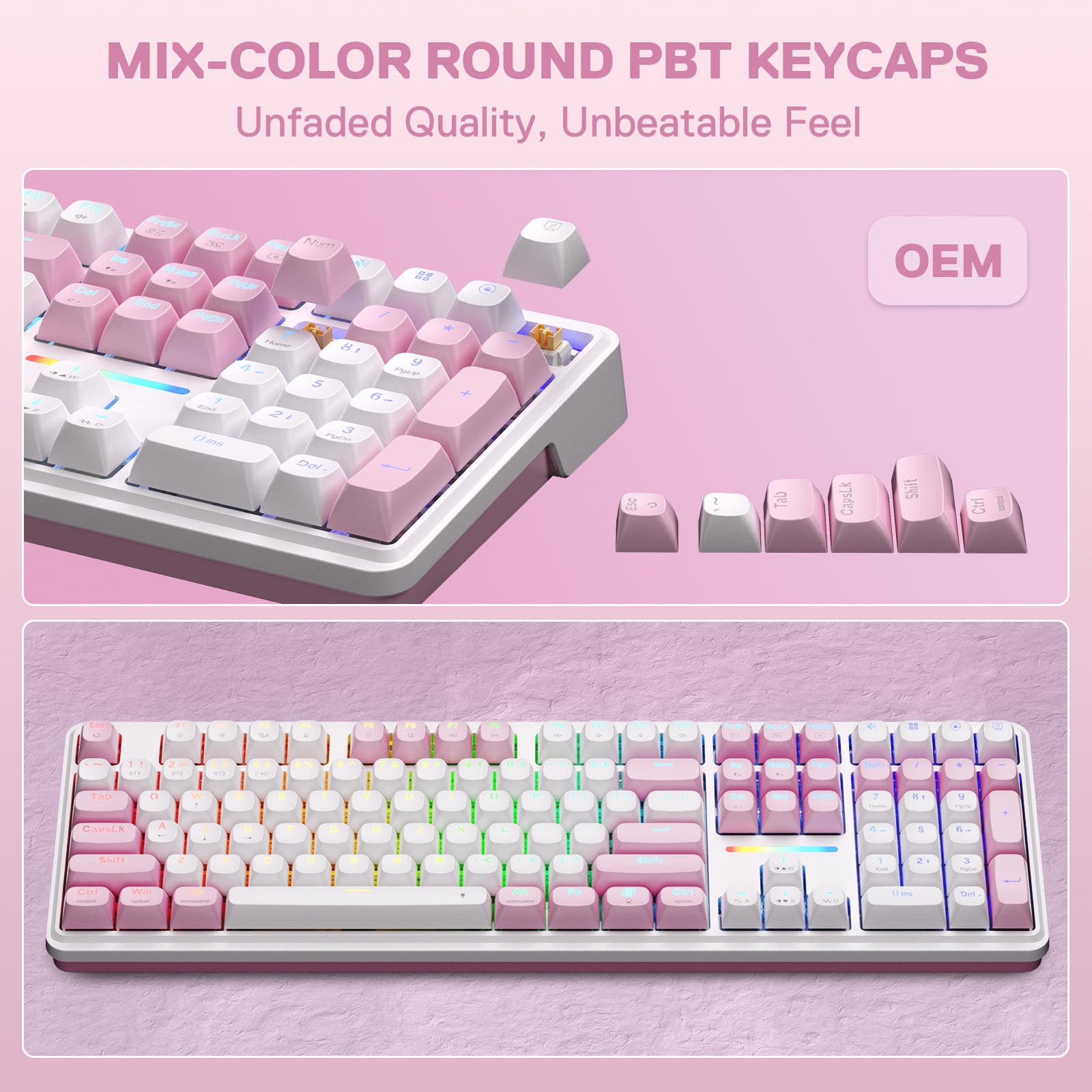 Redragon K745 PRO Wireless 108-Key Gasket RGB Gaming Keyboard, 4 Hotkeys
Extra Shortcut Keys, 0-Delay Tri-Mode, Cushioned Noise Dampening for Creamy Thocky Sound, Unfaded PBT Keycaps, PRO Software, Pink Keyboard