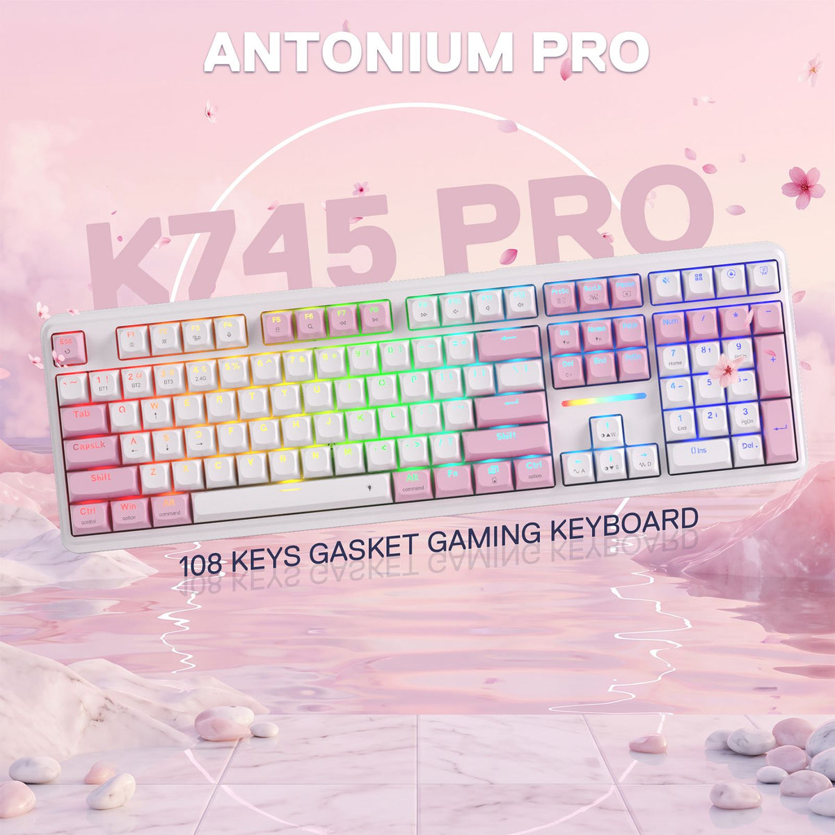 Redragon K745 PRO Wireless 108-Key Gasket RGB Gaming Keyboard, Pink