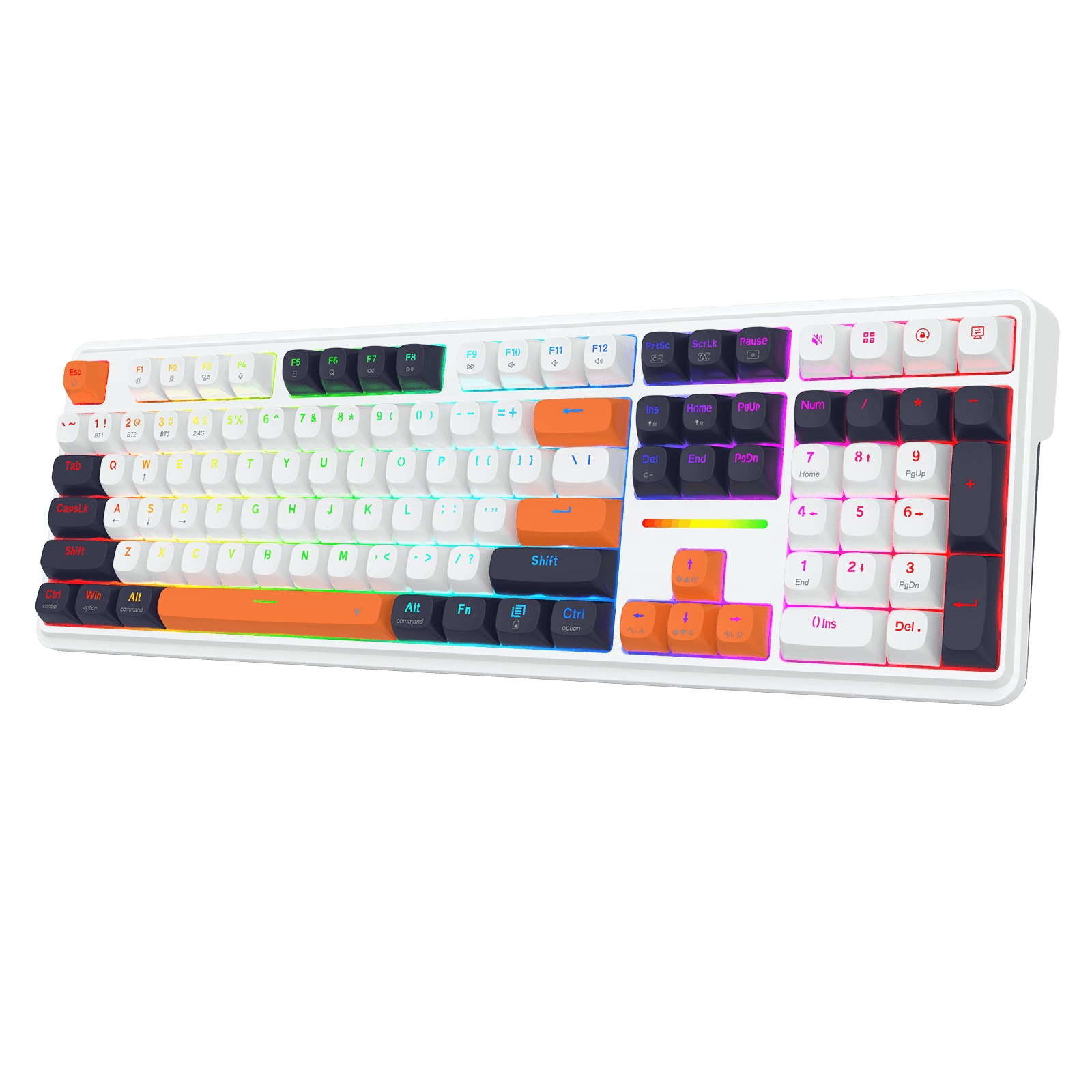 Redragon K745 mechanical keyboard with multicolor RGB backlighting and a variety of colored keycaps, shown from a three-quarters angle against a solid black background. | show