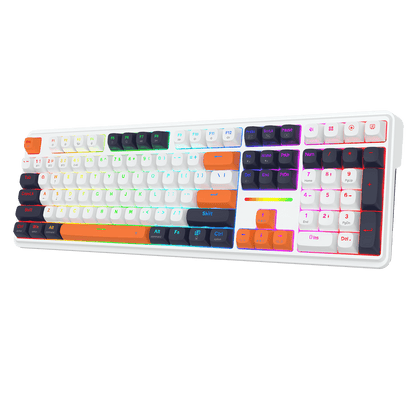 Redragon K745 mechanical keyboard with multicolor RGB backlighting and a variety of colored keycaps, shown from a three-quarters angle against a solid black background. | show