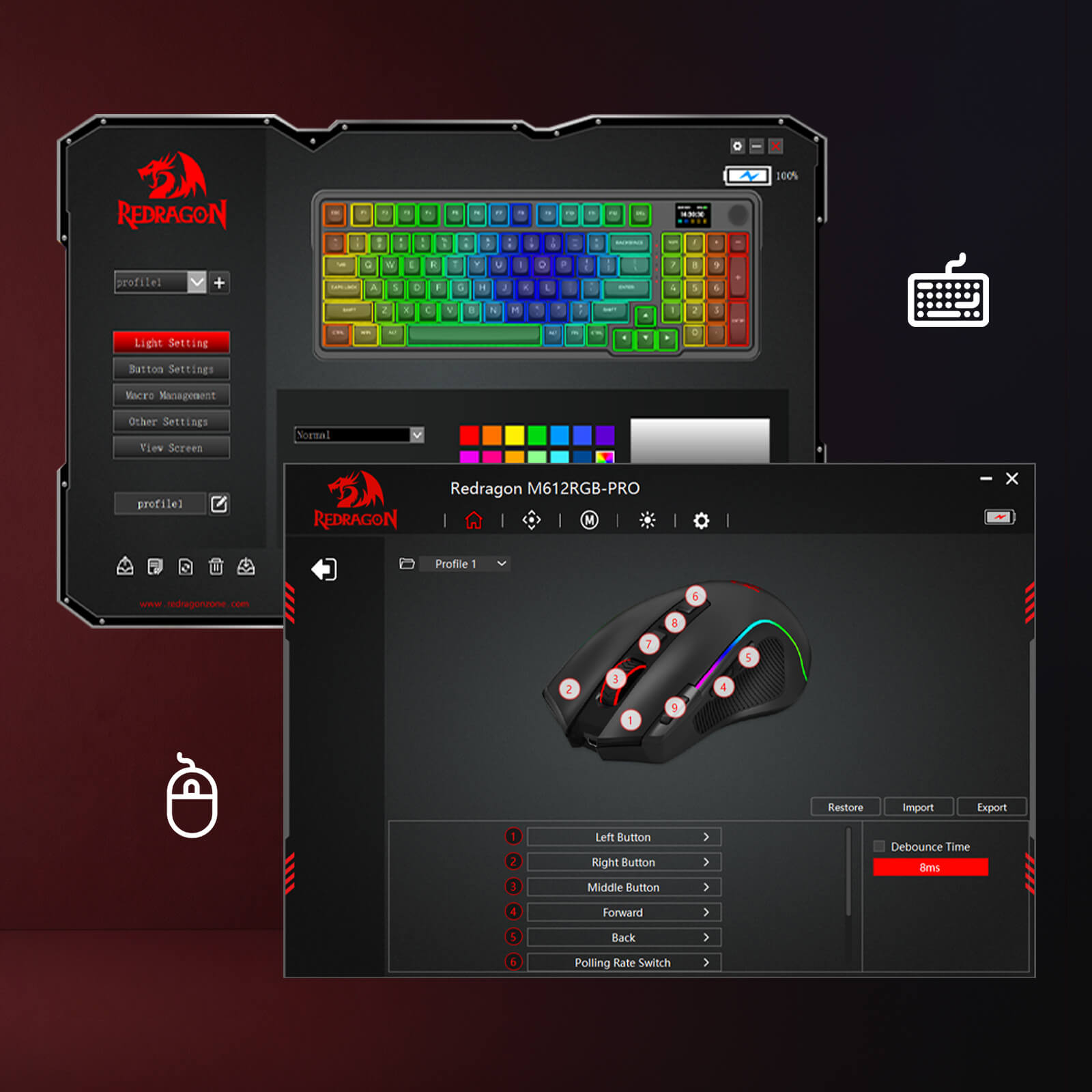 Redragon software interface showing a RGB mechanical keyboard and a mouse customization preview on a dark gradient background.