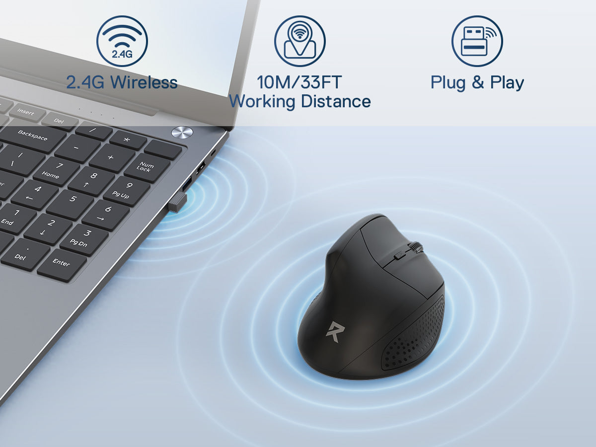 Black ergonomic mouse next to a laptop with wireless connectivity features displayed.