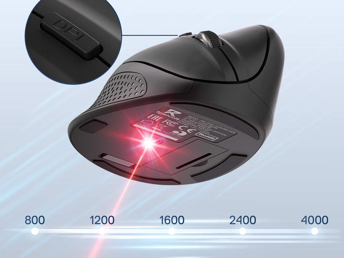 Black computer mouse with laser pointer feature on a light blue background