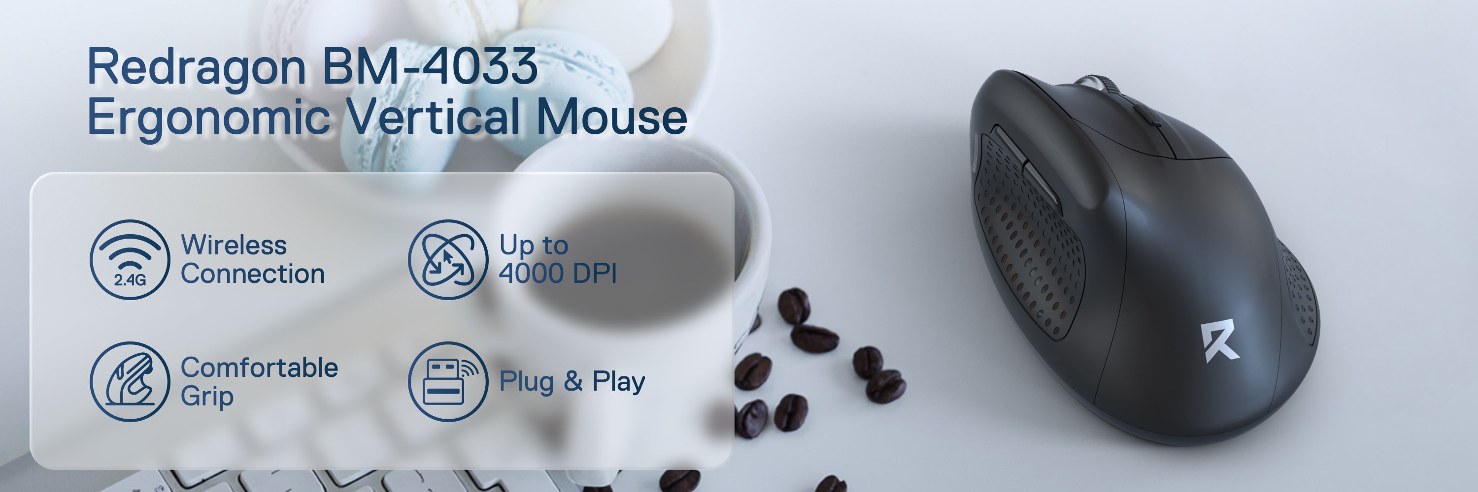 Redragon BM-4033 Wireless Vertical Ergonomic Mouse, 2.4GHz Connection, 5 Levels Up to 4000 DPI, Auto Power Saving Mice for Laptop, Desktop, PC, Black