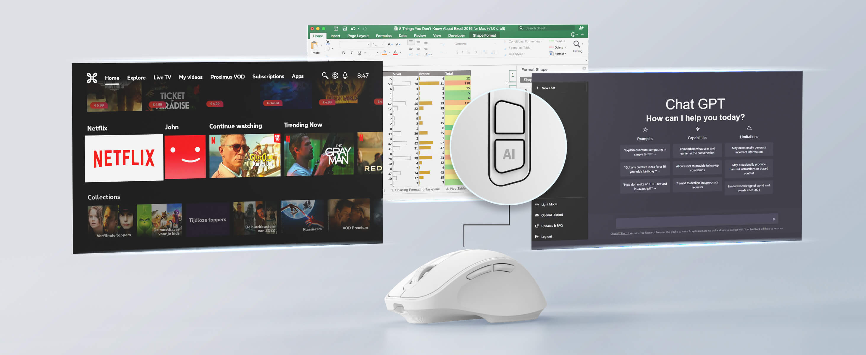 Computer screens displaying Netflix, a calendar app, and a chat interface with Chat GPT on a light gray background.