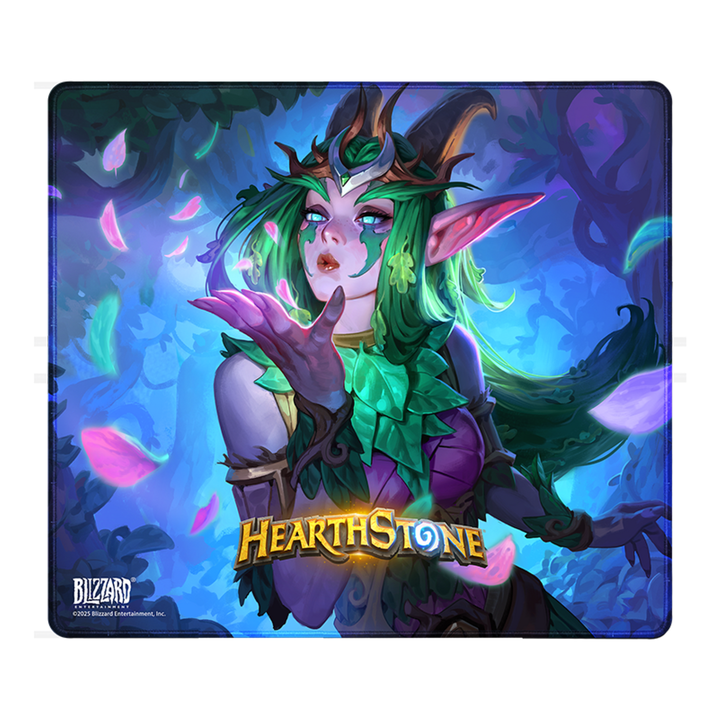 Mouse pad with a fantasy character design and 'Hearthstone' branding on a blue background.  | show
