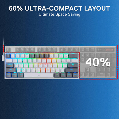 Promotional graphic for a compact mechanical keyboard layout, showing a reduced 60% layout with RGB backlighting and a larger spacebar area labeled 40% space saving, on a blue gradient background with text reading '60% ULTRA-COMPACT LAYOUT' and 'Ultimate Space Saving'.