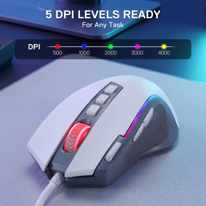 A white and dark gray gaming mouse with RGB lighting on a gray desk mat, featuring a DPI explanation graphic overlay at the top.