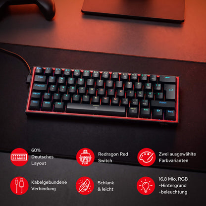 Redragon CB201 QWERTZ Redragon CB201 Kabelgebunden Gaming‑Combo 60%‑Compact‑Layout Hot‑Swap RGB‑Modi, 5 DPI‑Stufen 8000 DPI, 11 programmierbare Maustasten, Makro‑Schnellfeuer‑Funktion, PRO‑Software