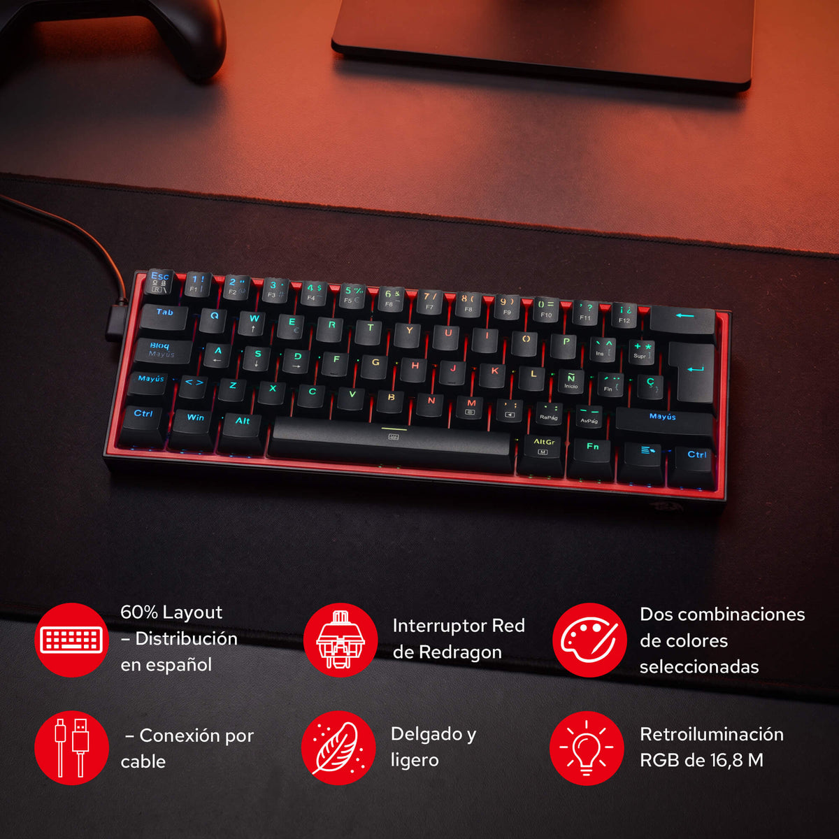 Redragon CB201 QWERTY: combo para juegos con cable Redragon CB201, diseño compacto al 60 %, modos RGB intercambiables en caliente, 5 niveles de DPI hasta 8000 DPI, 11 botones programables en el ratón, función de disparo rápido con macros y software PRO