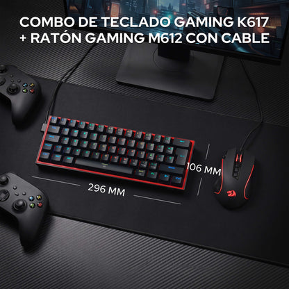 Redragon CB201 QWERTY: combo para juegos con cable Redragon CB201, diseño compacto al 60 %, modos RGB intercambiables en caliente, 5 niveles de DPI hasta 8000 DPI, 11 botones programables en el ratón, función de disparo rápido con macros y software PRO
