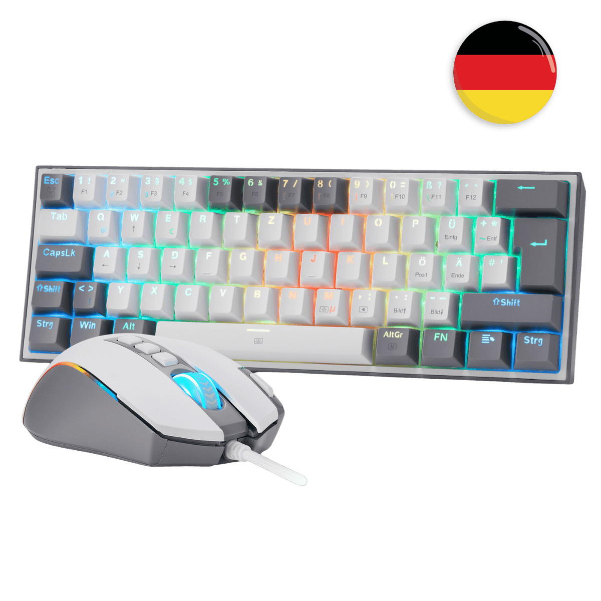 Redragon CB201 QWERTZ Redragon CB201 Kabelgebunden Gaming‑Combo 60%‑Compact‑Layout Hot‑Swap RGB‑Modi, 5 DPI‑Stufen 8000 DPI, 11 programmierbare Maustasten, Makro‑Schnellfeuer‑Funktion, PRO‑Software