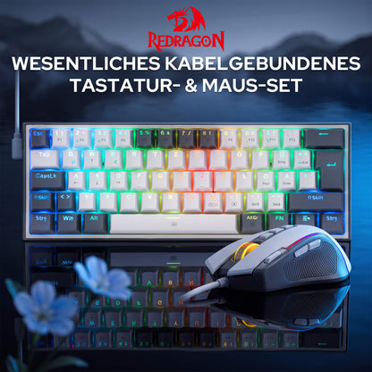 Redragon CB201 QWERTZ Redragon CB201 Kabelgebunden Gaming‑Combo 60%‑Compact‑Layout Hot‑Swap RGB‑Modi, 5 DPI‑Stufen 8000 DPI, 11 programmierbare Maustasten, Makro‑Schnellfeuer‑Funktion, PRO‑Software
