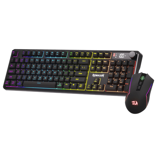 A black gaming keyboard and matching computer mouse set with RGB rainbow backlighting, shown on a solid white background.