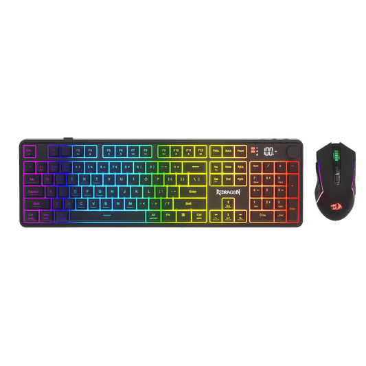 A wireless gaming keyboard and mouse set on a solid white background. The keyboard features a black chassis with a vibrant RGB rainbow backlighting across the keys, and the mouse is black with RGB lighting accents.