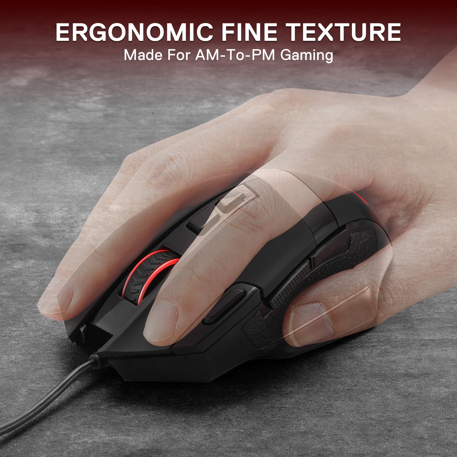 A hand grips a black gaming mouse, showcasing its ergonomic fine texture designed for long-hour gaming sessions.
