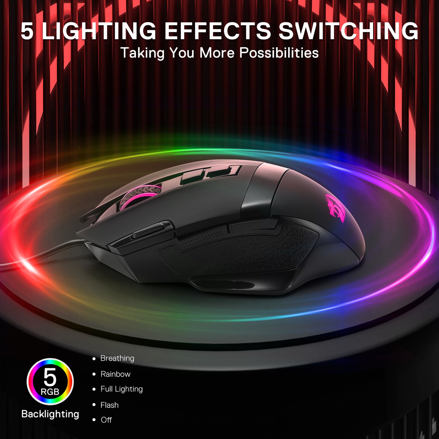 A black RGB gaming mouse is featured with 5 lighting effects (breathing, rainbow, etc.), displayed against a colorful glowing backdrop.