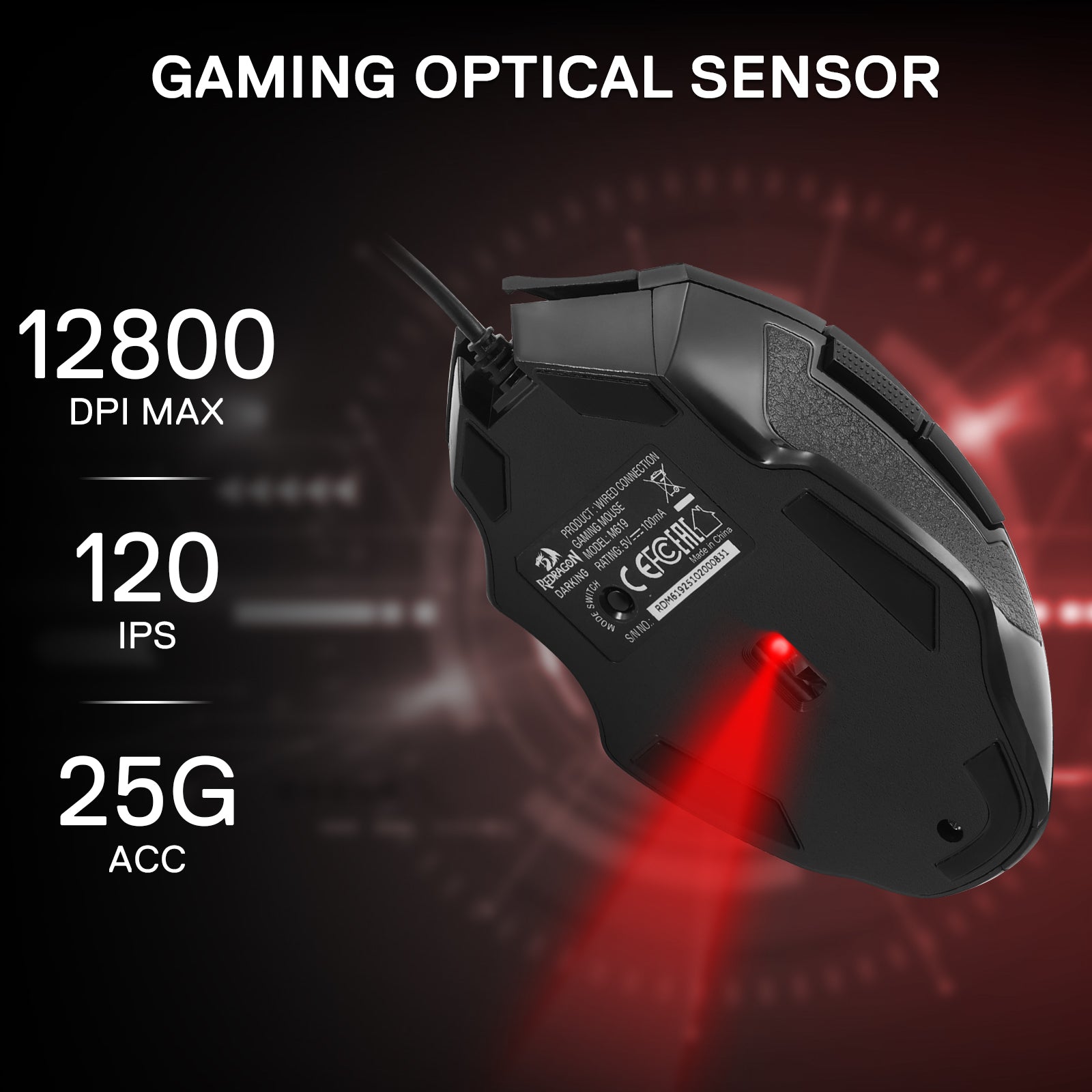 The mouse’s gaming optical sensor is detailed: 12800 DPI max, 120 IPS, 25G acceleration—displayed with the mouse’s underside and a red-lit backdrop.