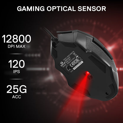 The mouse’s gaming optical sensor is detailed: 12800 DPI max, 120 IPS, 25G acceleration—displayed with the mouse’s underside and a red-lit backdrop.