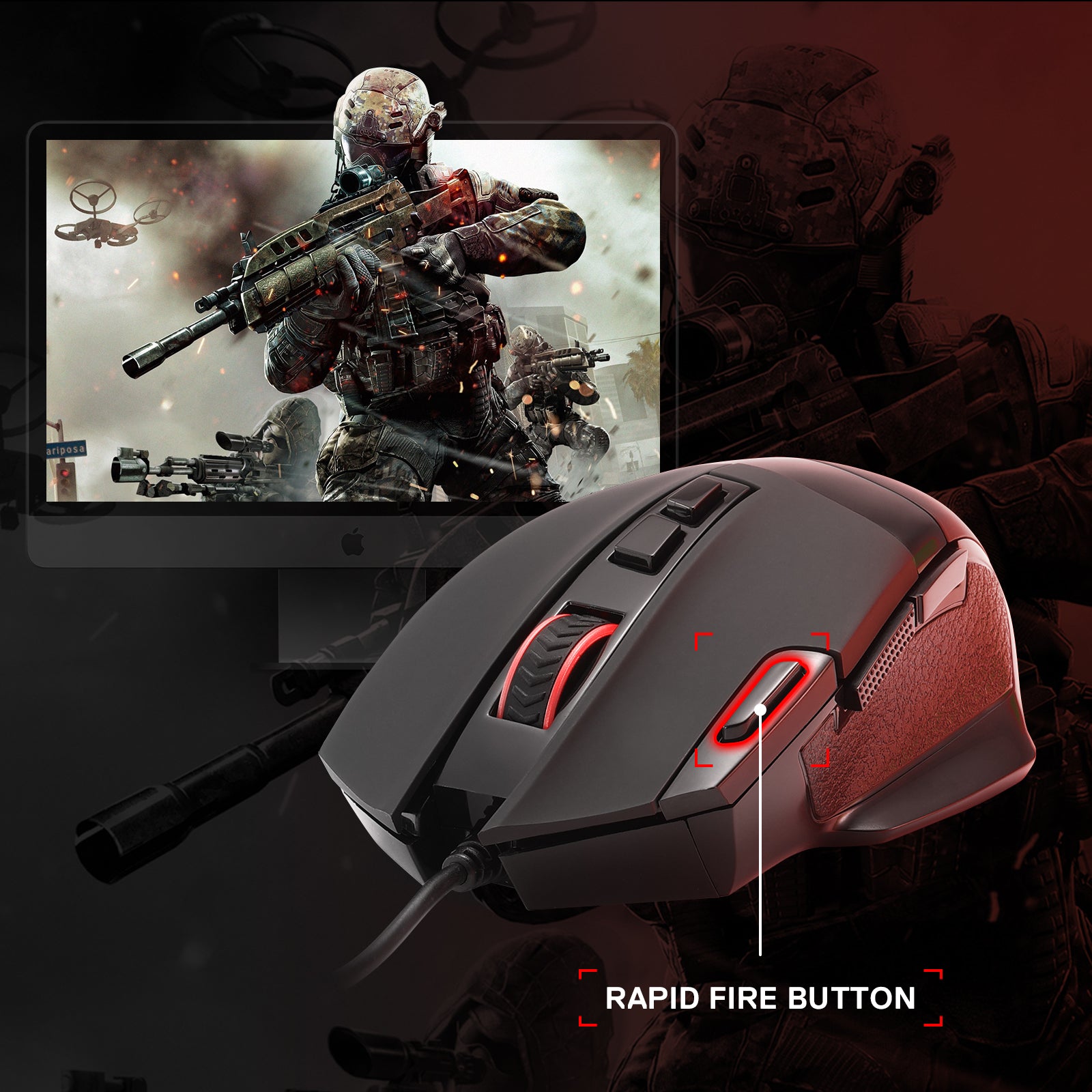 A gaming mouse (with a labeled "Rapid Fire Button") is paired with a game screen, emphasizing its utility for fast-paced gameplay.
