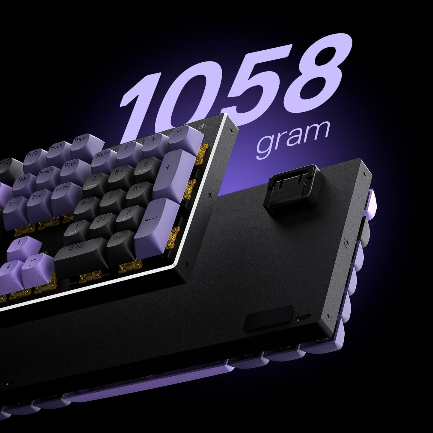 A sleek gaming keyboard (paired with its detached base) is shown against a dark purple backdrop, with "1058 gram" prominently displayed to highlight its lightweight design.