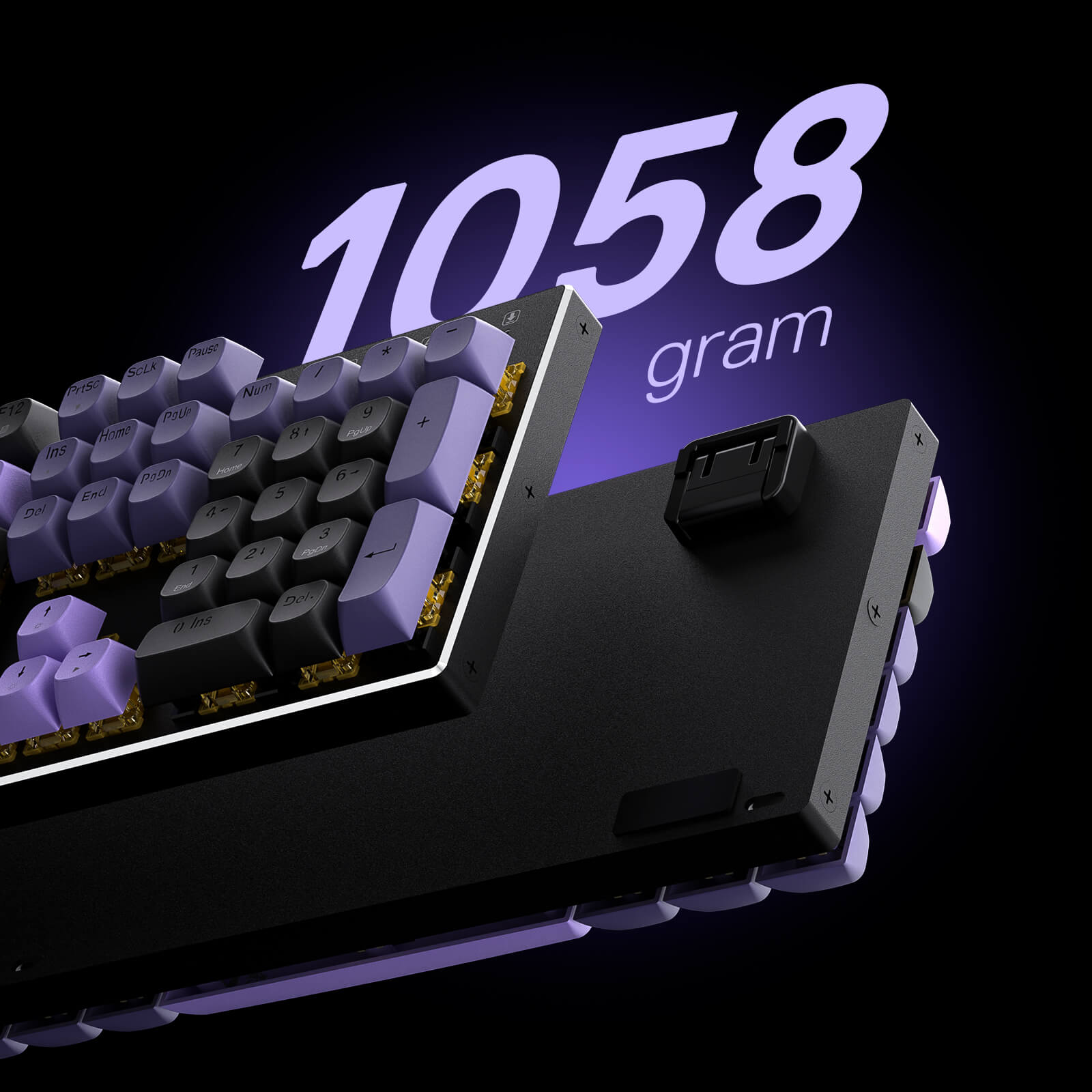 A sleek gaming keyboard (paired with its detached base) is shown against a dark purple backdrop, with "1058 gram" prominently displayed to highlight its lightweight design.