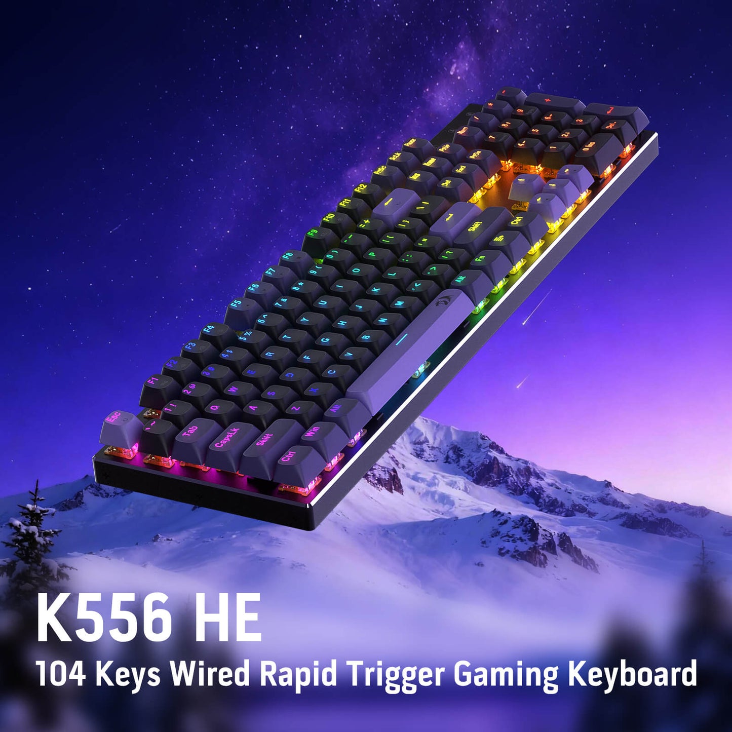 The K556 HE 104-key wired gaming keyboard (with RGB backlighting) is displayed against a starry, snowy backdrop, emphasizing its sleek, vibrant design.