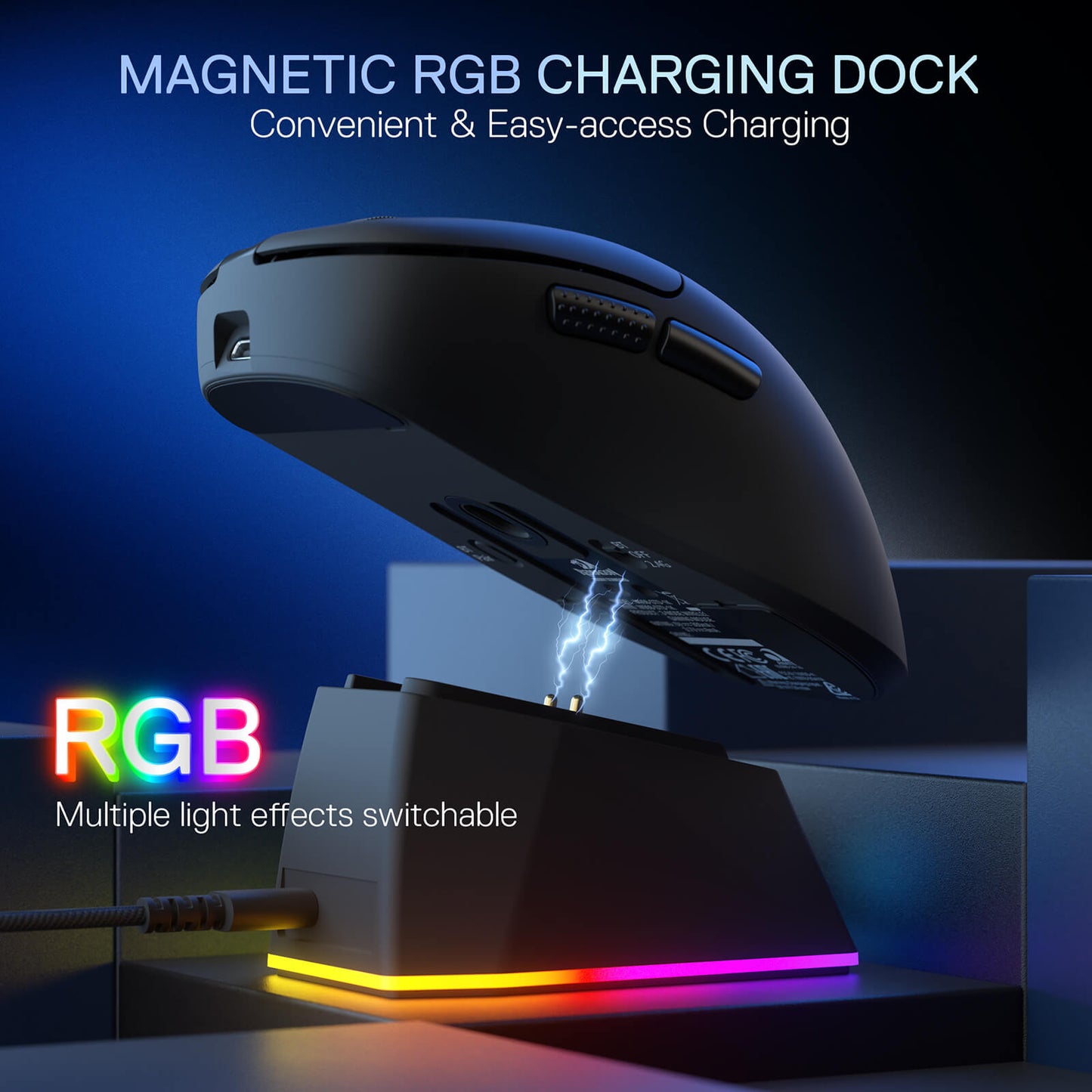 The magnetic RGB charging dock is highlighted, featuring switchable RGB light effects and convenient, easy-access charging for the mouse.