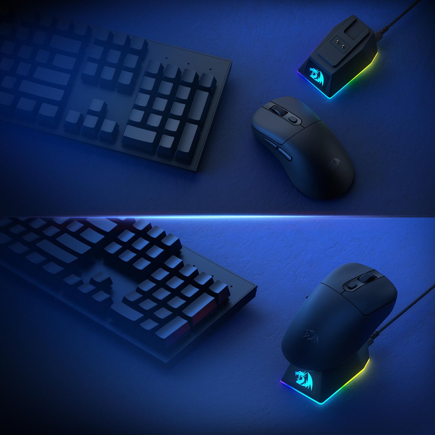 The gaming mouse is displayed with its RGB magnetic charging dock and a mechanical keyboard, emphasizing the complete wireless gaming setup.