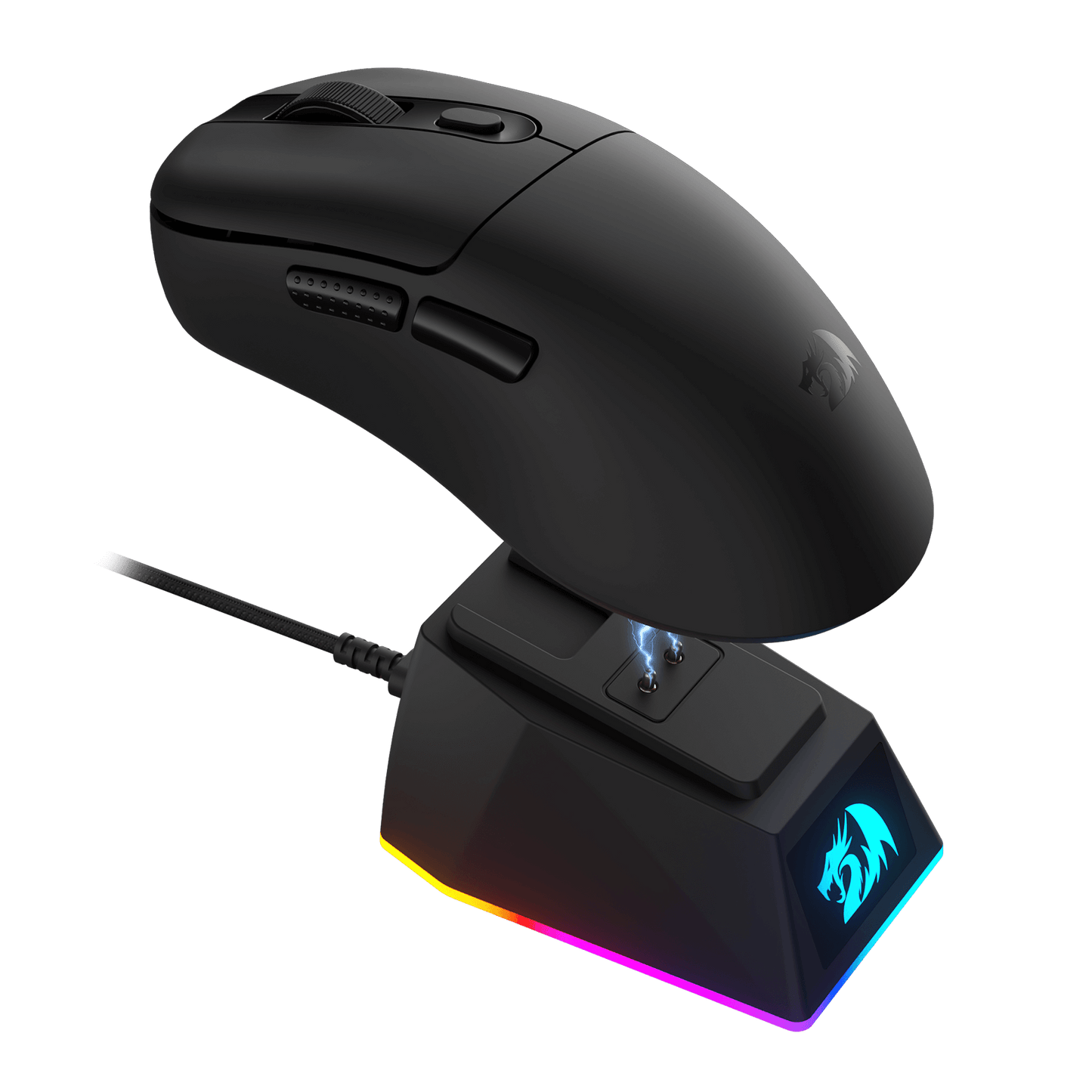 The Redragon gaming mouse is shown hovering over its magnetic RGB charging dock, with a wired connection and glowing RGB lighting on the dock.