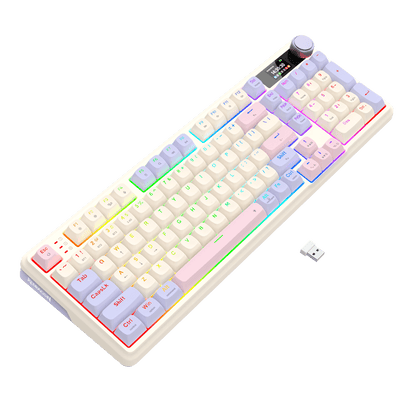 Redragon K768 PRO Wireless 100-Key Gasket Gaming Keyboard, Screen & Knob | Easy-Control LED Info Display + 8000mAh, 0-Delay Tri-Mode, Cushioned 5-Layer Noise Dampening for Creamy Thocky Sound, Practical 95% Size Violet