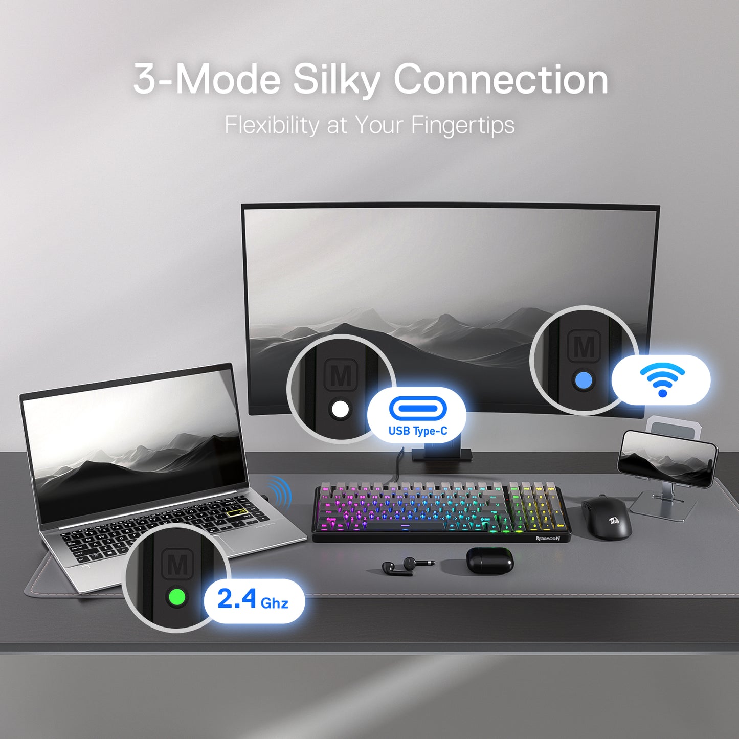 This graphic illustrates the keyboard’s 3-mode connection (2.4GHz, USB Type-C, Bluetooth), with a desk setup showing compatibility across laptop, monitor, and phone.